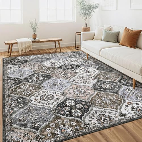 LuxFocus Teppich Wohnzimmer Orientalisch 200x290 cm Kurzflor Grau Braun | ca. 6mm Ultradünn, Boho Teppich für Schlafzimmer Esszimmer, waschbar, vintage, marokkanisch, floraler, rutschfest, faltbar