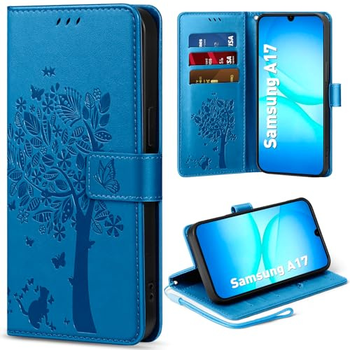 EASDNB Handyhülle für Samsung Galaxy A17 5G/4G Hülle, Flip Lederhülle Wallet Case mit [3 Kartenfächer] [Magnet] [Ständer] Premium Leder Prägung Schutzhülle Klapphülle für Galaxy A17 5G, Blau