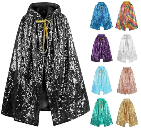 Glitzer Umhang Jungen Mädchen Lang Pailletten Cape mit Kapuze Kordelzug Unisex Kinder Halloween Decke Party Weihnachten Karneval Winter Festival Fasching Outfit für Geburtstag Tanz