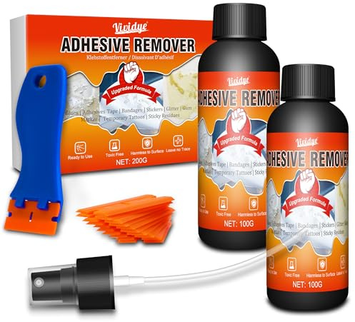 Rimozione Adesiva, 200ml Spray Professionale per Rimuovi Colla Adesivi con Raschietto e Lame di Rasoio, Solvente per Supercolla Sicuro su Più Superfici, Rimuove Rapidamente Etichette e Residui Colla