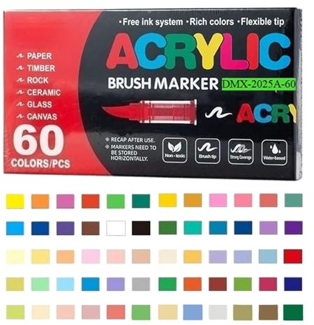 Générique 60 Couleurs Feutre Acrylique, Marqueur Peinture Acrylique à Pointe Souple Imperméables et Anti-taches pour peinture sur roche, pierre, céramique, métal, papier, verre, tissu, bois