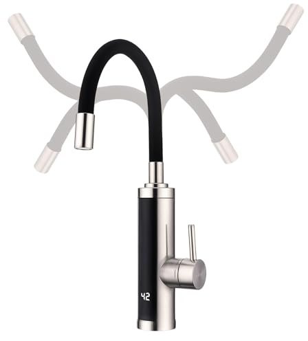 HOMELODY Grifo con calentador de agua 230 V, 3300 W, grifo eléctrico instantáneo, grifo de cocina caliente instantáneo, con caño flexible y pantalla LED, grifo de cocina de acero inoxidable, caño