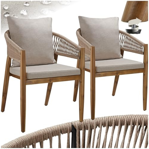 tectake® Gartenmöbel Set, Gartenstuhl Holz Rope Design, Balkon Sessel, Outdoor Möbel, Gartenstühle, Balkonmöbel, Terrassenmöbel, Wintergarten, Sitzgruppe Outdoor, Balkonstühle - Sand, 2er Set
