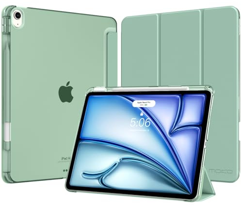 MoKo Coque pour iPad Air 13 Pouces (M4/M3/M2) avec Porte-Stylet | Pour iPad Air 13 Coque 2026/2025/2024, Mince Léger Étui à Trois Volets avec Coque PC Arrière Translucide Robuste, Agave Vert