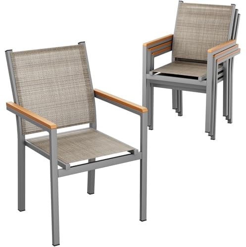 LIFERUN Gartenstuhl 4er Set, Aluminium, Stapelbarer Esszimmerstuhl Textilene, WPC Handlauf, Balkonstühle, für Terrasse, Balkon, Terrasse, Pool, Restaurants, Wetterfest, Leinenbraun, 4 PCS