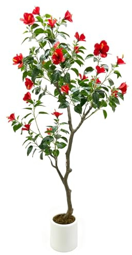 Garvee Täuschend echter künstlicher Hibiskusbaum – große Kunstpflanze mit realistischen Blättern & roten Blüten – Stabiler Stamm im weißen Übertopf, ideal für Wohnzimmer, Büro, Terrasse & Outdoor –