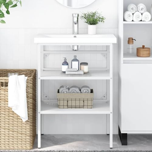Ordellia Cadre de lavabo Salle de Bain Blanc 59 x 38 x 83 cm en Fer Enduit de Poudre, Support Console pour Rangement sous Vasque, Assemblage requis