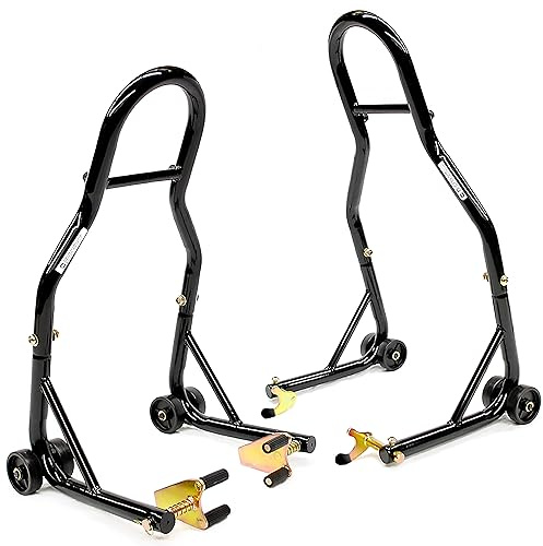 Venom Motorcycle Stand Lift, Front & Rear Combo, Universal Paddock Lift Stand, Front Wheel Fork Stand Rear Wheel Swingarm Spool Stand, Compatible With Most Yamaha Honda Kawasaki Suzuki BMW Motorcycles