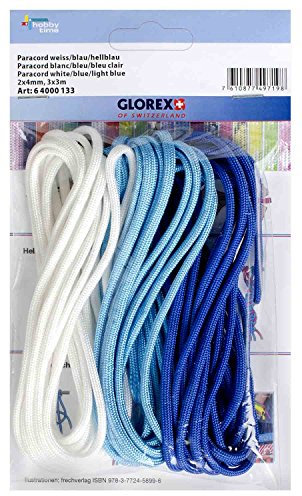 Glorex 6 4000 133 - Paracord weiß, blau, hellblau, 3 Stück, 2 x 4 mm, 3 m lang, hoch reißfestes Nylonseil, zum Knüpfen von Armbändern, Leinen und Bändern