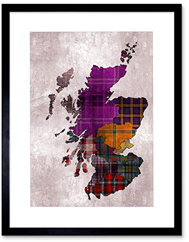 Wee Blue Coo Painting Map Outline Scotland Tartan Inset Regions Framed Wall Art Print