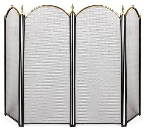 Amagabeli Pantalla de Chimenea Grande de Oro 4 Paneles Hierro Forjado Adornado Metal Negro Chimenea Puerta de pie Malla Decorativa Cubierta Protectora de Acero sólido