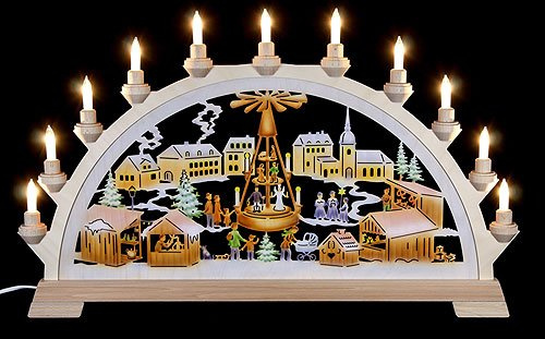 Kunstgewerbe Taulin Schwibbogen Weihnachtsmarkt mit Pyramide, farbig - 65x40 cm