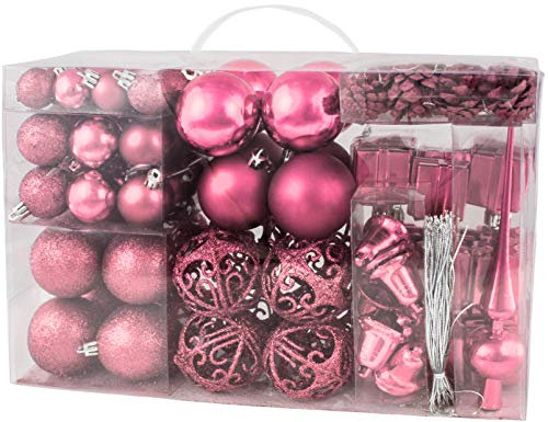 BRUBAKER 101-teiliges Set Weihnachtskugeln mit Baumspitze Rosa Christbaumschmuck