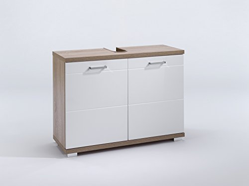 byLIVING Waschbeckenunterschrank NEBRASKA, Korpus Melamin Oberfläche in Sonoma Eiche, Türen MDF Hochglanz lackiert. Füße und Griff verchromt, Holzwerkstoff, Braun-weiß, Breite 80 cm