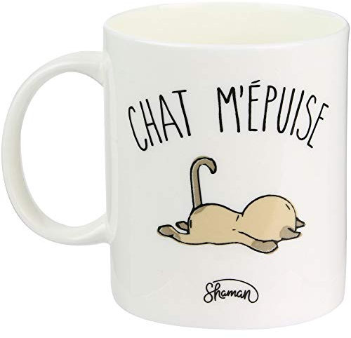Le Fabuleux Shaman 37-2X-002 Mug Chat m'épuise Blanc Porcelaine D12 x H10 cm