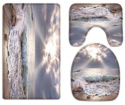 A.Monamour Badezimmer Badematte 3 Teilig Set Strand Küste Landschaft In Der Morgen Blick Auf Das Meer Natur Landschaft Flanell Saugfähig Badteppiche Badvorleger Badgarnitur WC Vorleger