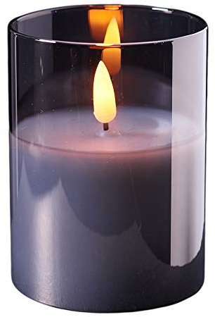 Hochwertige & Edle LED Kerze im Glas - Timer - Realistisch Flackernd - Neuartiges Design (Grau, Höhe: 10cm - Ø 7,5cm)
