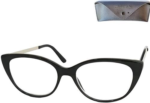 Cateye Anti Blaulicht Brille Lesebrille mit großen Gläsern und Gratis Etui, Kunststoff Brillengestell (Schwarz) mit Metall Bügeln, Blaulichtfilter Brille Damen 2.0 Dioptrien