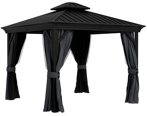 Outsunny 3 x 3.7m Outdoor Hardtop Gazebo Canopy Aluminium Frame with 2-Tier Roof & Mesh Netting Sidewalls for Patio, Dark Grey