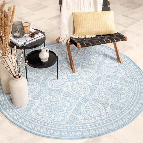 FRAAI | Home & Living In- & Outdoor Teppich Rund - Summer Oriental Hellblau - Wetterfest - Polypropylen - Flachgewebe - Balkon, Garten/Terrasse - Terrasse - Rug