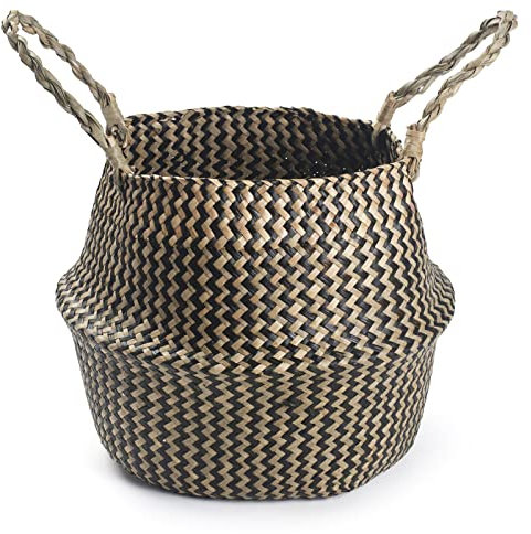Cesto Seagrass per Piante Cesti Vimini Portavaso da Interno Cesto Portabiancheria per Bagno con Manico (Onda Nera)