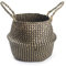 Seagrass Plant Pot Cover Woven Belly Basket Indoor with Handles for Laundry, Storage, Planters (Black Wave)