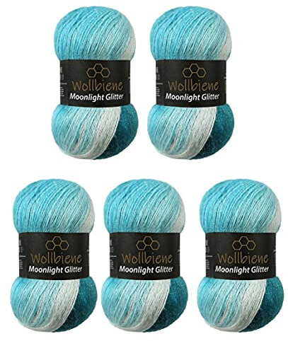 Moonlight Glitter Batik Simli 5 x 100g Strickwolle 500 Gramm Wolle zum Stricken und Häkeln 20% Wolle Metallic-Wolle türkische Wolle Farbverlaufswolle Glitzerwolle (5200 petrol türkis weiß)