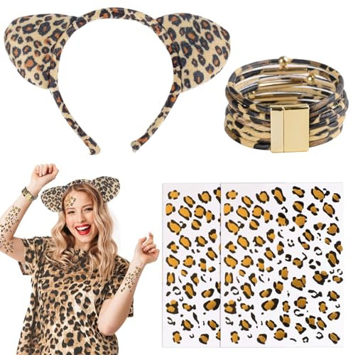 BHGT Leoparden Ohren Kostüm Set Leopardenohren Haarreif Stirnband Armband mit Leopardenmuster Tattoo Dschungel Party Dekoration Zubehör für Halloween Karneval Kostümball Fasching