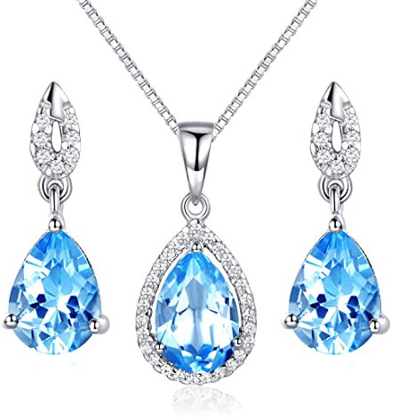 Schmuckset Silber 925 Damen Kette Ohrring Halskette Anhänger Ohrstecker Tropfen Edel mit BlauTopas Geschenkverpackung S925 40+5CM Kettenlänge mit Schöne Schmuck Box