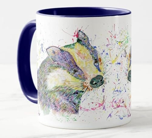Wasserfarben-Tasse mit Dachs-Motiv, Regenbogenfarben, britische Wildtierkunst, bunt, Geschenk, Geburtstag, Arbeit, Büro, Weihnachten, Tee, Kaffee (Marineblau)