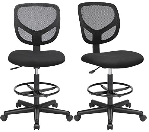 SONGMICS Arbeitsstuhl, 2er Set, Bürostuhl ohne armlehnen, Sitzhöhe 55-75 cm, hoher Drehstuhl mit Verstellbarer Fußstütze, Belastbarkeit 120 kg, schwarz OBN15BK-2