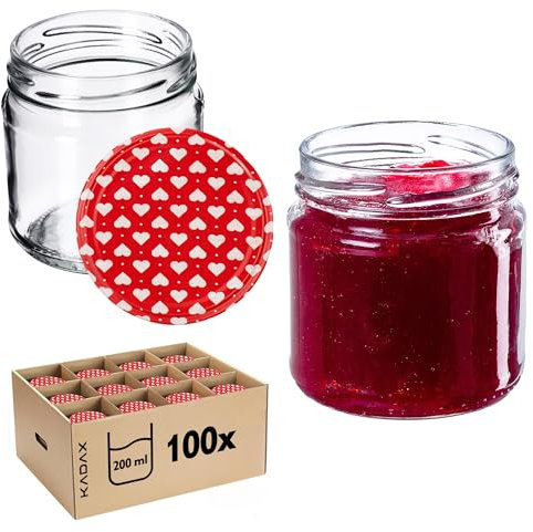 KADAX Lot de 100 petits bocaux de conservation 200 ml, bocaux à confiture, fi66 mm, mini bocaux pour miel et épices, bocaux hermétiques, bocaux, bocaux, bocaux, bocaux, bocaux, bocaux ronds (cœur)