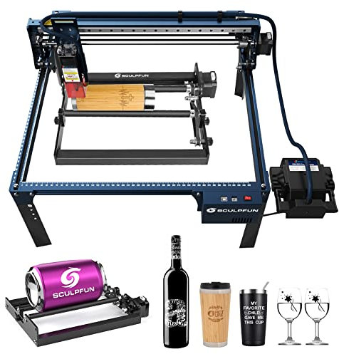 SCULPFUN S30 PRO Laser Graviermaschine with Laser-Rotationswalze & Automatisch Kontrolle Air Assist,0.005mm Präzision, 10W Ausgangsleistung Laser Gravieren Schneiden für Holz, Metall, Glas, Acryl