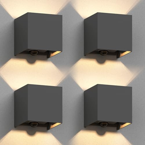 ledscom.de 4 Stück Wandleuchte CUBEL für außen, IP65, Up-/Downlight, Bewegungsmelder, anthrazit matt, quadratisch, 1x G9 max. 10W