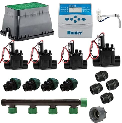 Kit di irrigazione completo 24V con programmatore elettrico Eco Logic Hunter a 4 stazioni per un sistema di irrigazione preciso ed efficiente Pack programmatore irrigazione automatico