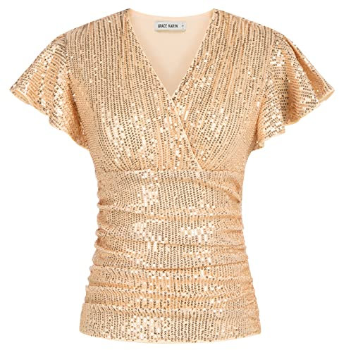 Damen Glitzer Shirt Kurzarm Oberteile Schön Glänzend Pailletten Tops Tshirt Elegant Festlich Tunika Roségold L