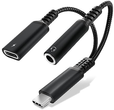 CELLONIC 2-in-1 Adapter USB-C Klinke 3,5 mm Aux-Splitter Audio und Ladeanschluss mit 60 W Power Delivery,USB-C Schnellladekabel Kompatibel mit iPhone, Samsung, Telefon, Headset, Kopfhörer - schwarz