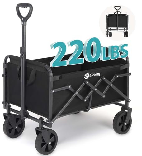 Sekey Festival Trolley 100L Lightweight Folding Camping Wagon - 220LBS Capacity, All-Terrain Wheels, Heavy Duty Collapsible Beach Cart for Grocery, Outdoor & Shopping - Black