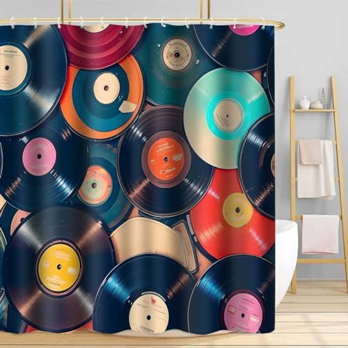 TPMDFC Retro Music Shower Curtain 72x72inch Music Records Bathroom Shower Curtains, Musicial Disc Album Bathroom Bathtubs Decor Set with 12 Hooks YLOKTP0444