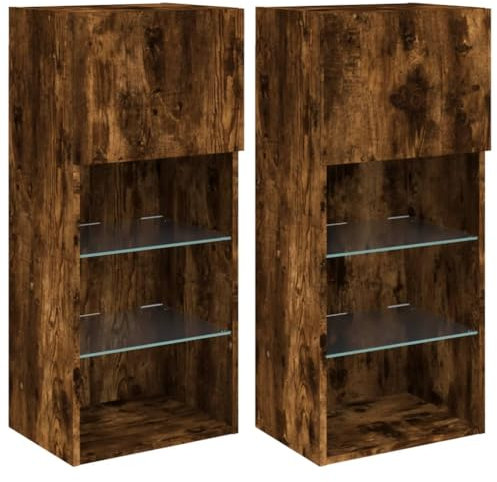 vidaXL Wall-Mounted TV Cabinets with LED Lights - Durable Engineered Wood Material - Smoked Oak - Modern styling - Spacious Storage - 40.5x30x90 cm