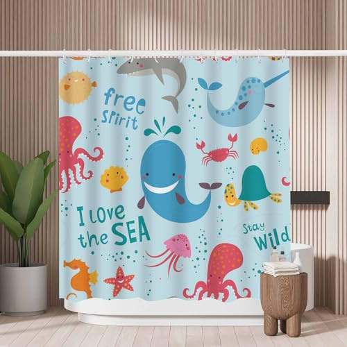 Woutay Shower Curtain Mould Proof Resistant Cute Monsters of The Deep,Water Repellant Fabric,Polyester,Size 180x180CM