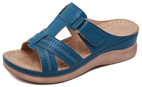 SMajong Sandales Femme été Mode Mules Femmes Compensées Chaussons Confortable Bout Ouvert Plateforme Pantoufles Chaussures de Plage Bleu Taille:38 EU