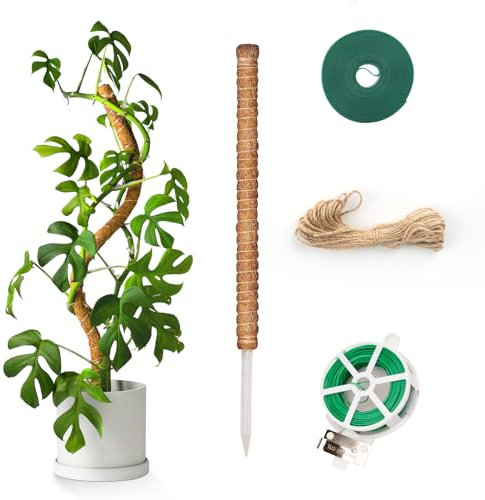 KINGLAKE 90CM Rankhilfe Monstera Biegbar,1 Stück Kokosstab Monstera, Stab für Monstera mit Zubehör, Moosstab Kletterpflanzen-Mit 2m Pflanzenbinder Klett, 30m pflanzendraht und 10m Juteschnur