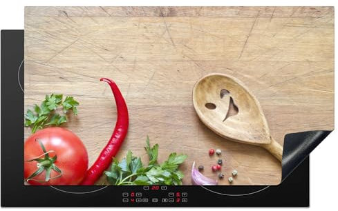 KitchenYeah© Protezione Piano Induzione 90x52 cm Cucina Copri Fornelli Proteggi di Cottura Antiscivolo Tappetino Legno - Cucchiaio - Erbe