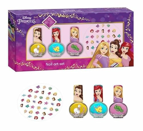 Disney Princess Nail Art Set for Girls - Complete Nail Decoration Kit with 3 Nail Polishes (Pink, Yellow, Turquoise), Nail Stickers, - Best Gift for Kids Aged 3+