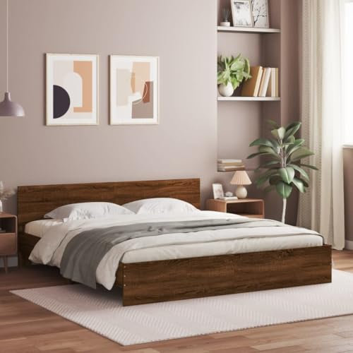 vidaXL Brown Oak 160x200 cm Bedstead with Headboard - Modern Engineered Wood Double Bed Frame - Plywood Slats for Bedroom Base