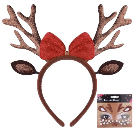 TAIHOBO Serre-tête de Chevreuil, Serre Tete Oreilles de Cerf pour Adultes Enfants, Serre Têtes à Paillette de Renne avec Tatouage Visage Renne, pour Carnaval Cosplay Christmas Halloween