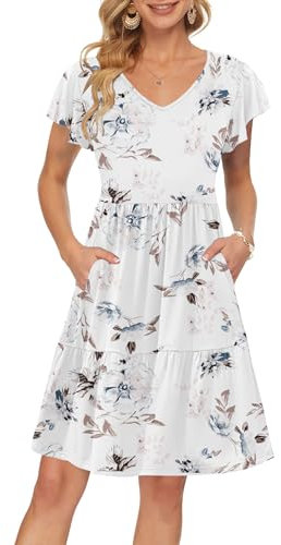 AUSELILY Women Summer Dress Ruffle Petal V-Neck Sundress Short Sleeve Casual Dress with Pockets White Flowers M