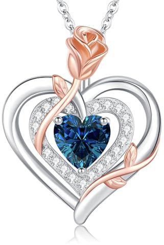 LAVUMO Halskette Damen Silber 925 Doppel Herz Rose Blume Kette Damen Geburtsstein Halsketten Muttertag Geburtstag Valentinstag Weihnachten Schmuck Geschenke Frauen Mama (09-Silber-September)