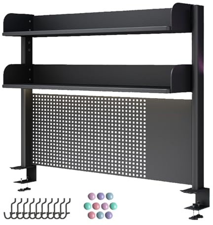 Estante de escritorio ajustable con bandeja de metal perforada y ganchos para una organización eficiente